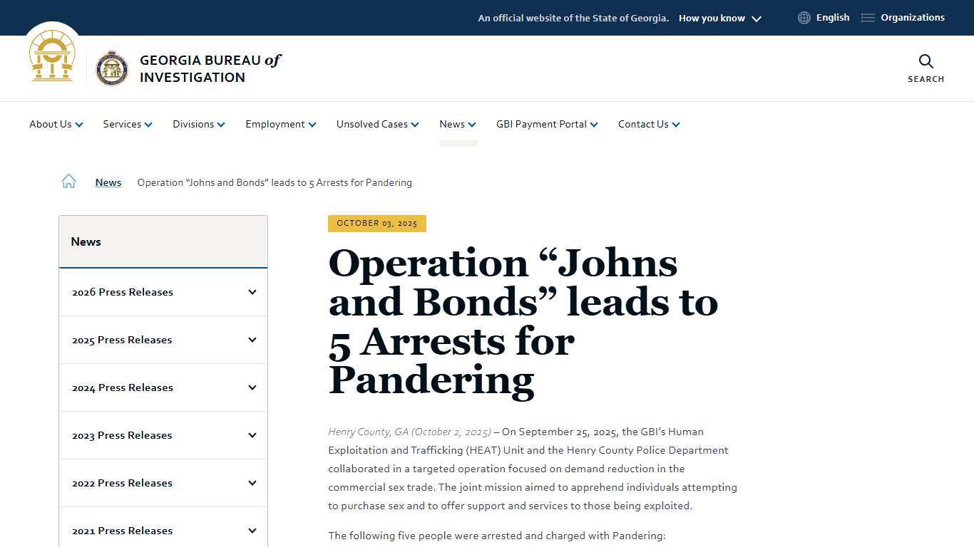 Operation “Johns and Bonds” leads to 5 Arrests for Pandering Georgia Bureau of Investigation